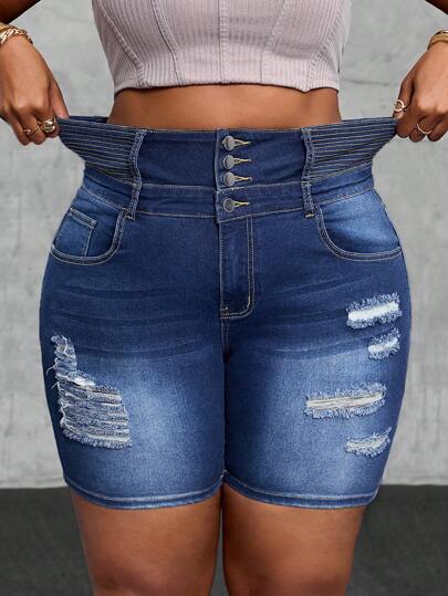 SHEIN SXY 大码女式夏季水洗破洞纽扣弹力牛仔短裤