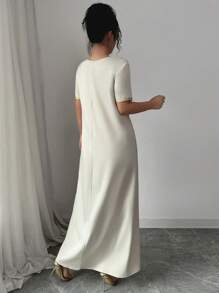 SHEIN Clasi Robe d'été pour femmes avec col rond, garniture en dentelle florale dorée - Nude - Voir 2