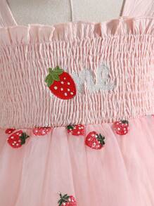 SHEIN Glamorique Kids Baby Girls Summer Sweet Strawberry Embroidered Cap Sleeve Mesh Dress, Suitable For Festivals, Gatherings, Parties, Birthdays, Vacations