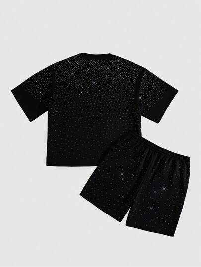 ROMWE Avant Men Avant Summer Casual Rhinestone Round Neck Short Sleeve T-Shirt And Shorts Set