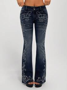 EgrlEra Front Panel Rhinestone Wash Skinny Flared Jeans - Dark Wash - View 4