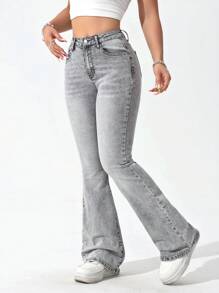 EMERY ROSE Women's Everyday Pocketed Flare Leg Casual Versatile Jeans - Light Grey - View 5