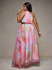 Slaydiva 2-Piece Set: Music Festival Elegant Gradient Print Organza Maxi Skirt & Asymmetric Hem Sleeveless Top, For Women Plus Size, Spring/Summer 2025 - Multicolor - View 2