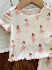 SHEIN LMoss Kids 2件套新生女婴可爱卡通设计荷叶边领短袖上衣和长裤针织柔软亲肤睡衣套装 - 白色 - 查看 4