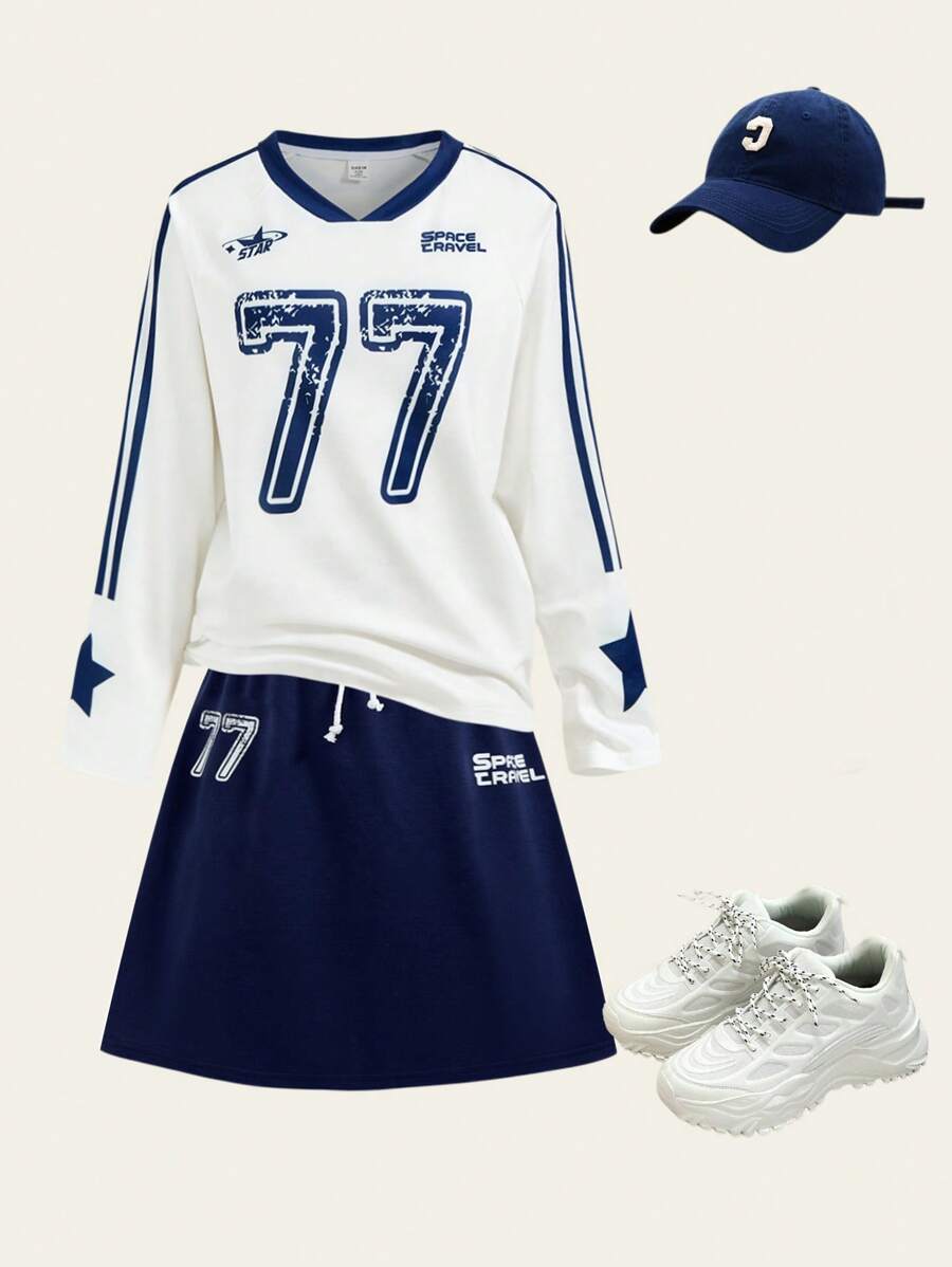 SHEIN Explorewe Set de 2 piezas para adolescentes compuesto por una camiseta de manga larga tipo raglán con estampado de rayas y letras en estilo deportivo americano casual, y una falda mini con cordón ajustable con estampado de rayas, adecuado para primavera/verano - Multicolor - Ver 1
