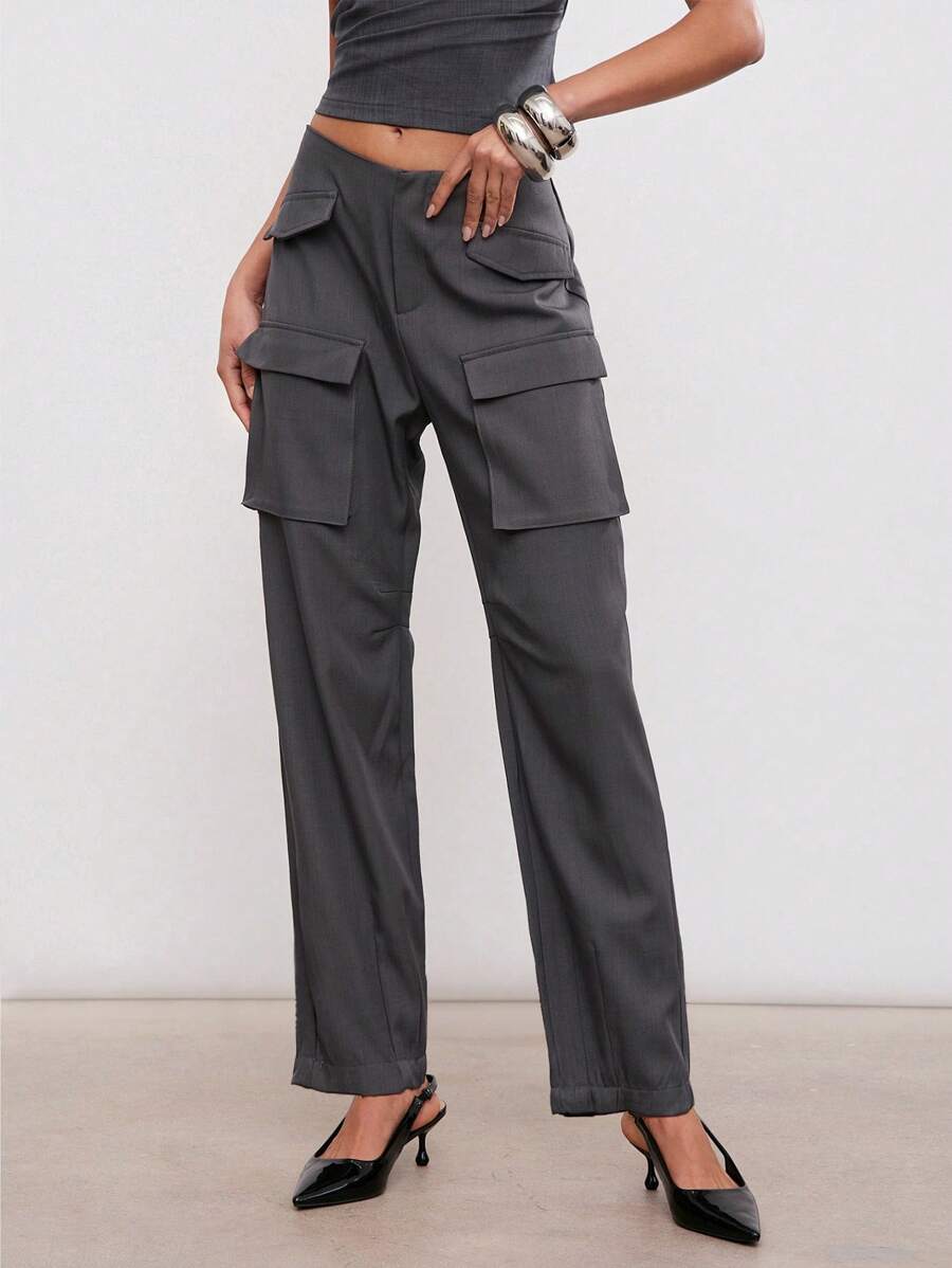 Hauture Solid Color Fashion Cargo Pocket Trousers, Suitable For Summer - Grey - View 1