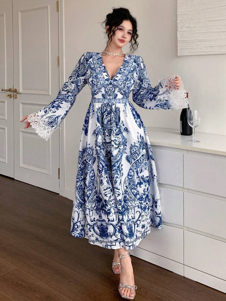 Blue-White Porcelain, Ditsy Floral, Pattern, Hollow Lace Patchwork, Flare Sleeve Casual Vacation Deep V-Neck Maxi Dress For Women,Fall Dress Long Sleeve Dress Boho
