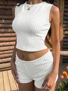 SHEIN EZwear 2件套女士时尚黄色针织套装，适合夏季 - 白色 - 查看 6