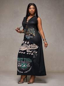 Slaydiva فستان طويل رقبة عميقة 2025 جديد موضة ربيع/صيف المرأة البدينة بتصميم غرب رجعي/حفلة/موسيقى المهرجان/إجازة مع طباعة حرفية وذيل غير متماثل من الدانتيل والرقع باللون الأسود