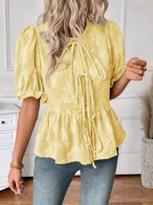 SHEIN LUNE 女士纯色编织面料纹理植物纤维前系带短款泡泡袖荷叶边下摆衬衫，适合休闲日常生活、旅行、乡村风格、波西米亚风、春夏 - 黃色 - 查看 4