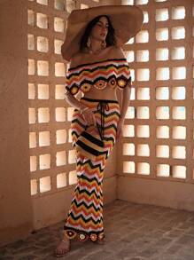 MOTF PREMIUM STRIPED OFF THE SHOULDER TOP & DRAWSTRING WAIST SKIRT COVER UP FOR SUMMER BEACH VACATION - Multicolor - View 5