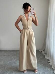 SHEIN Unity Women's Commuting Color-Block Shirt Collar Button-Up Long Jumpsuit - Khaki - View 4