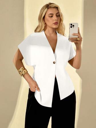 Auralis Sommer-Outfits in Übergröße für Damen, Ostern, Business, Casual, elegante Oberteile für Pendler und Ausgeh-Outfits, Büro-Outfits für Damen, Arbeitskleidung, Kirchen-Outfits für Damen, Flughafen-Outfit für Damen, Oster-Outfit, Kurve, Old Money Style, einfarbig, Fledermausärmel, dünner Blazer mit einem Knopf