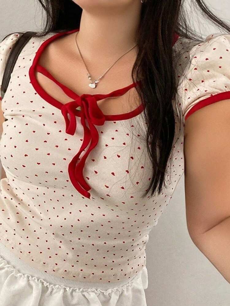 Dazy Plus Plus Size Color Block Lace-Up Round Neck Tiny Heart & Floral Print Fitted Casual T-Shirt For Young Girls Cute Tops