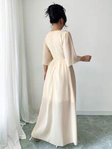 Rafferiza Floral Embroidered V-Neck Casual Elegant Spring/Summer Dress - Apricot - View 2