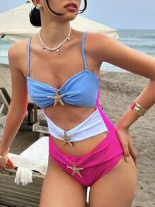 SHEIN Swim 1pc Women's Fashion Metal Accent Cutout Two-Tone Swimsuit, Elegant For Party And Vacation For Summer - Multicolor - View 4