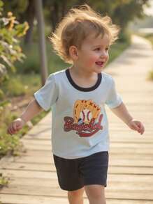 Cozy Pixies 2pcs Baby Boy Baseball Glove Pattern Contrast Color Knit Soft Round Neck Short Sleeve Top And Elastic Waist Shorts Set - Blue - View 8