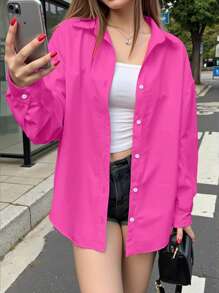 INAWLY 女士纯色落肩休闲单排扣宽松长袖衬衫 - 玫紅色 - 查看 3