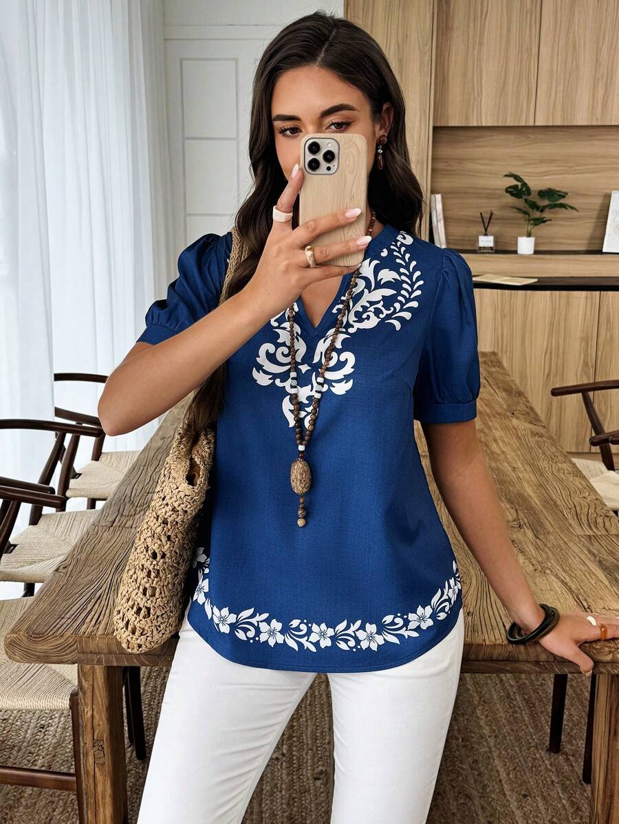 SHEIN LUNE Blusa de mujer casual de manga corta con escote en forma de ojo de cerradura y estampado gráfico, para el verano