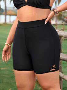 SHEIN Swim Lushore 全新大码女式纯黑色修身提拉比基尼短裤 - 黑色 - 查看 3