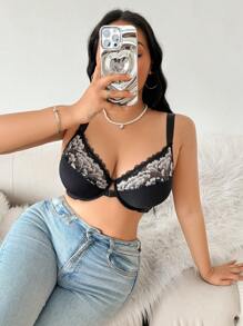 SHEIN 1 pieza Sujetador con aros para mujer de talla grande, sujetador sexy push up de encaje y parches