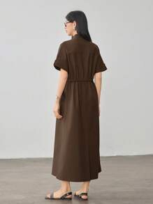 Dazy-Less Vestido casual holgado de manga corta con cuello en V y largo midi con bolsillos grandes y cintura con cordón para mujer, estilo de cargo para mujer de negocios casuales