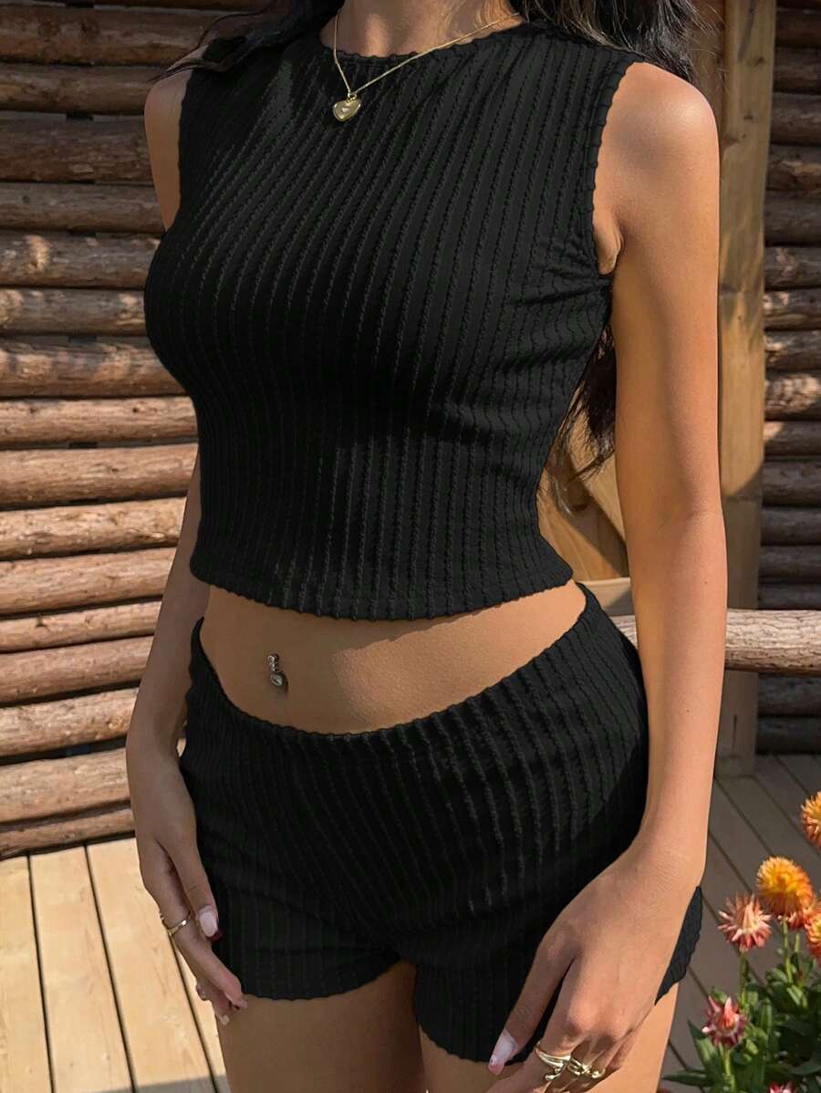 SHEIN EZwear 2pcs Yellow Knit Tank Top & Shorts Set For Women, Solid Color, Suitable For Summer Women Short Set - Black - View 1