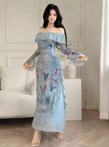 Modelyn Butterfly Print Off Shoulder Ruffle Hem Long Sleeve Dress - Multicolor - View 3