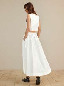 Ontre 2 件套女士无袖纯色夹克和中长裙套装，简约优雅，办公室/休闲，夏季，宽松舒适，白色