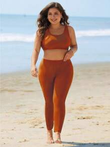 Swim Mulvari Plus Size Women Long Sleeve Solid Color Split Tankini For Summer Beach Vacation - Coffee Brown - View 3