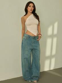 SHEIN EZwear 3件套加大码不对称下摆露肩休闲背心套装，粉色、黑色、杏色，适合春夏穿着 - 彩色 - 查看 8