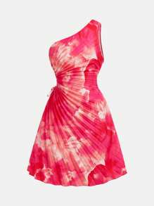 SHEIN 少女优雅度假扎染印花不对称褶饰无袖连衣裙 - 玫紅色 - 查看 7