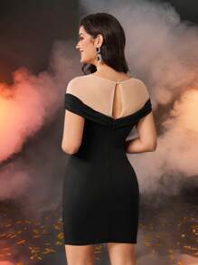 SHEIN Belle Elegante, romántico, digno, para primavera y verano, vestido negro de tela elástica de punto semitransparente con aplicaciones, adecuado para vacaciones, festivales, fiestas, fiestas de cumpleaños, vestido de cóctel para baile de graduación, vestido de invitada de boda - Negro - Ver 2
