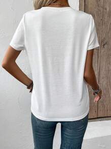 Grand t-shirt femme à col en V et manches courtes, imprimé floral, Top d'été casual - Blanc - Voir 2