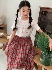 DAZY 2pcs Girls Crew Neck Printed Short Sleeve T-Shirt + Plaid Skirt Set, Summer - White - View 4