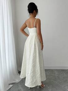 Selianne 女士优雅休闲性感通勤浪漫波西米亚海滩度假下午茶派对纯色提花方领公主腰交叉下摆长款连衣裙，春夏 - 杏色 - 查看 2