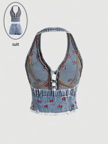 SHEIN MOD Women's Denim Halter Jacket With Front Tie And Cherry Pattern - Blue - View 2