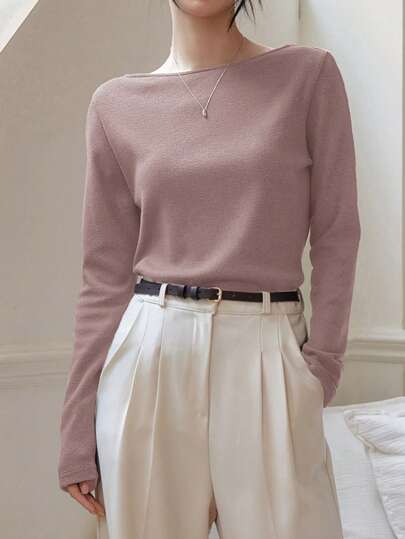 Dazy-Less 女士纯色圆领长袖基本款T恤，春秋装，秋季女装商务休闲女士工作服