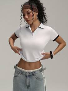 SHEIN Dewbera Camisa polo de mujer casual con mangas cortas y ribete contrastante, ideal para el verano - Blanco - Ver 2