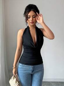 Selianne Camiseta de cuello de cowl de punto reversible con elástico - Negro - Ver 7