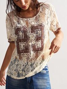 Bohemela Blusa da donna casual estiva in stile boho, con motivo a uncinetto color tinta unita, collo rotondo, manica corta, aderente