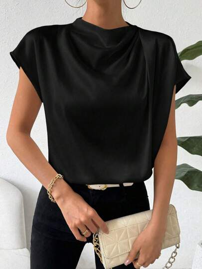 Chiquease Women's Solid Color Batwing Sleeve Stand Collar Elegant Satin Blouse