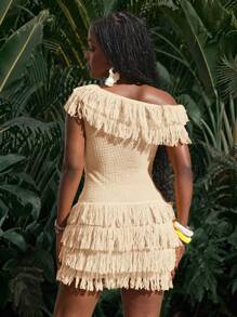 Slaydiva 全新夏季度假休闲百搭百搭休闲邮轮旅行海滩日光浴露肩流苏纹理面料下摆流苏女式迷你连衣裙