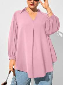 SHEIN Essnce Camisa rosa de manga larga con cuello en V, suelta y cómoda, para mujer de talla grande en otoño e invierno. Ropa de mujer para otoño, blusas de mujer, blusas de talla grande, estilo old money, ropa casual de oficina para mujer, atuendos para mujer, blusas para mujer, vestimenta para regreso a clases, para maestras, blusas para trabajar.