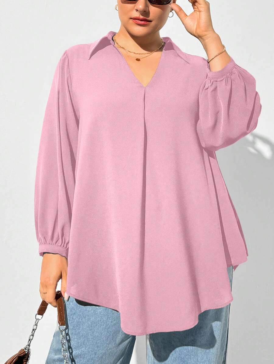 SHEIN Essnce Camisa rosa de manga larga con cuello en V, suelta y cómoda, para mujer de talla grande en otoño e invierno. Ropa de mujer para otoño, blusas de mujer, blusas de talla grande, estilo old money, ropa casual de oficina para mujer, atuendos para mujer, blusas para mujer, vestimenta para regreso a clases, para maestras, blusas para trabajar.