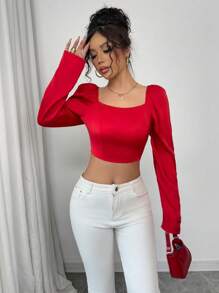 Elenzga Áo cánh satin ngắn tay bồng cổ vuông thắt eo thanh lịch thời trang cho nữ ngày lễ tình nhân - Đỏ - Xem 6