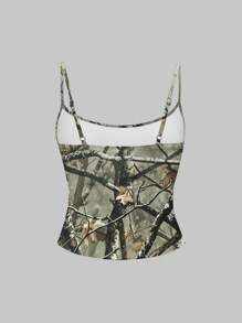 ROMWE Grunge Punk Street Style Sexy Deep V-Neck Sleeveless Crop Top With Contrast Color Branch Slogan, Suitable For Summer - White - View 2