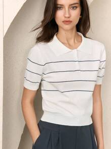 BizChic Women's White Polo Collar Knit Sweater, Urban Commute Business Casual Basic Top, Elegant Outerwear - White - View 5