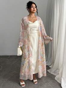 Modelyn 2 Pieces Set: Plus Size Tie-Dye Floral Print Long Sleeve Cardigan Jacket And Solid Color Slip Dress - Multicolor - View 7