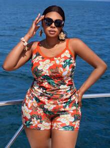 Slaydiva Plus Size Tropical Print Tankini Set For Summer Beach Vacation